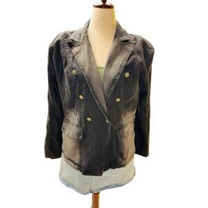 Vintage 90s Black Denim Blazer XL Shoulder Pads‎ Stretch Oversized Grunge